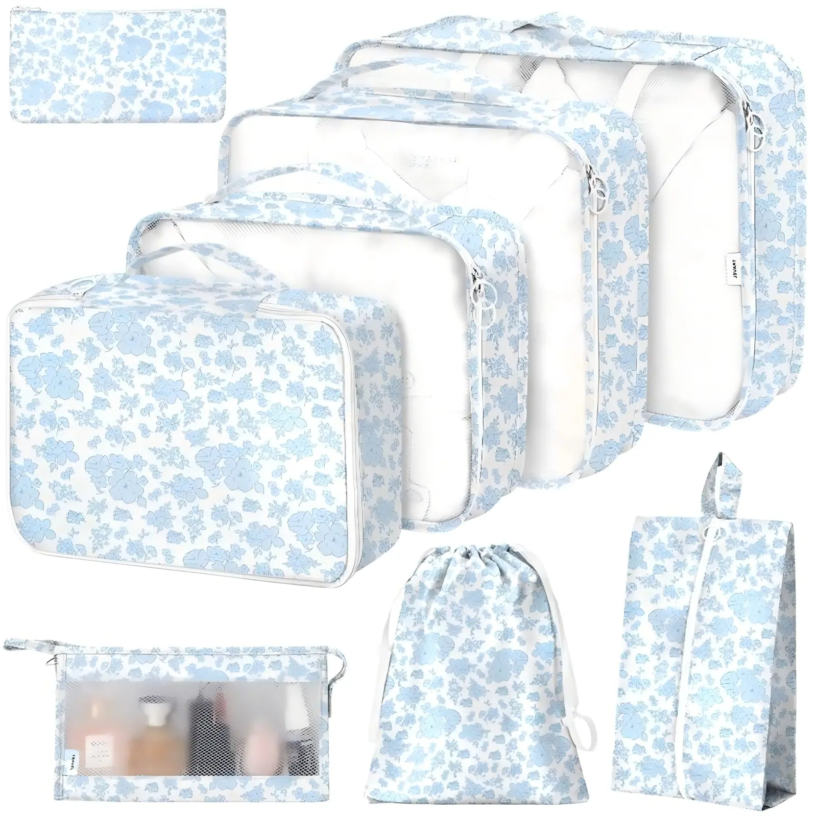 8-Piece Zippered Packing Cubes Set for Suitcases, Duffel Bags, Backpacks - 3 x Different Size Luggage Organizer with Shoe, Cosmetics, Clothing, Accessories Storage Bags for Travel (Blue Flower)
