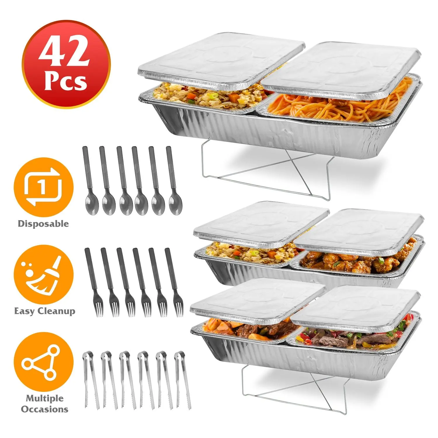 42pcs/set Disposable Plastic-Aluminium Chafing Dish Buffet Set - Full-Size Servers with Covers, Pans, Food Warmers, Spoons, Forks, Tongs, Utensils for Weddings, Catering Supplies GPCT5373 (Long-Lasting Warmth for Food)
