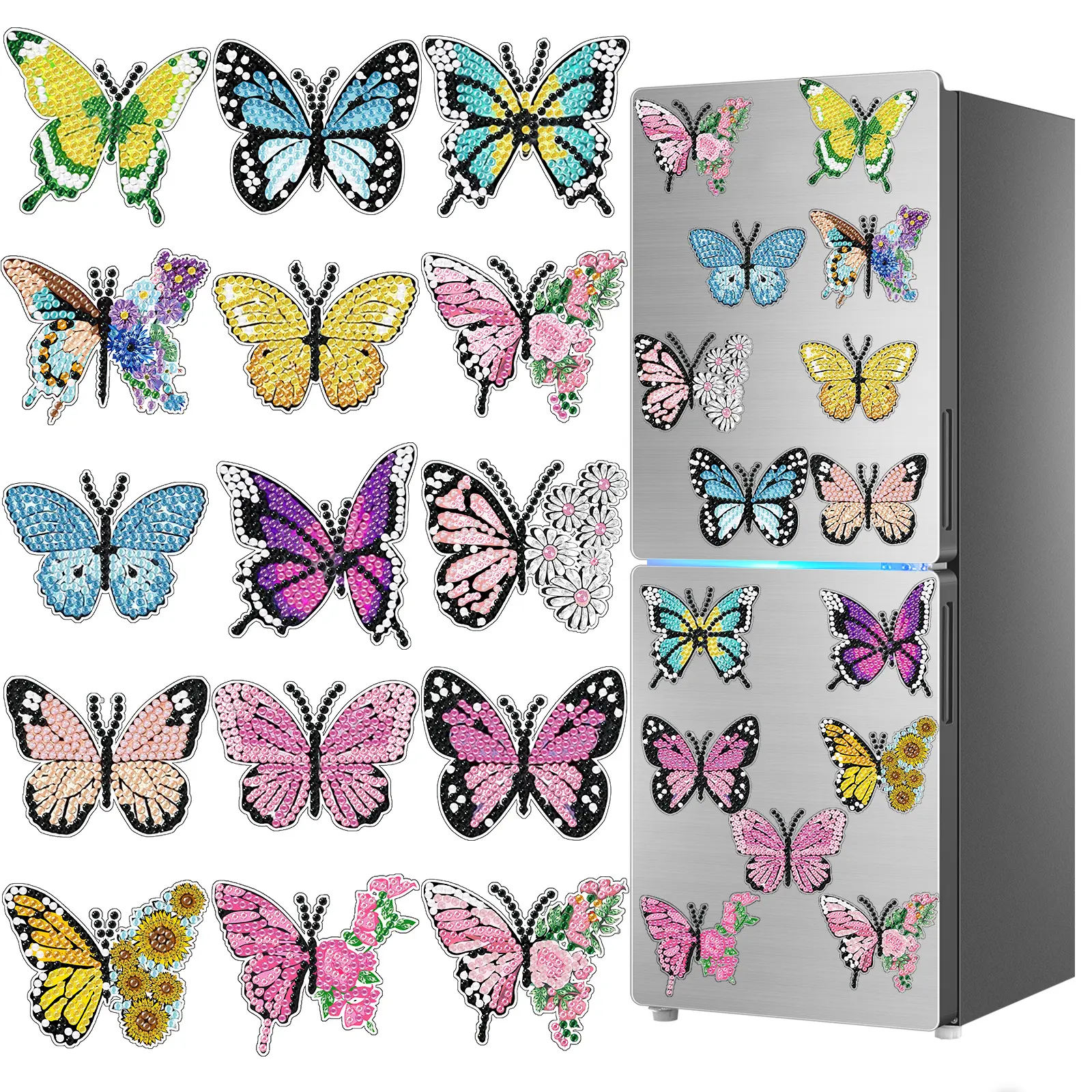 15-piece set of 5D diamond art magnetic ornaments, DIY diamond flower painting Refrigerator Decorating Magnets, DIY Fridge Magnets, with free magnetic backing, handmade art decorative stickers, and a free tool kit. Suitable for adult craft enthusiasts.
