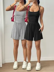 Women's Casual Knitted Sleeveless Dress Shorts Set Outfit, 2 Piece Plain Color, Fitted, Perfect for Daily Wear, Home, and Outdoor Activities