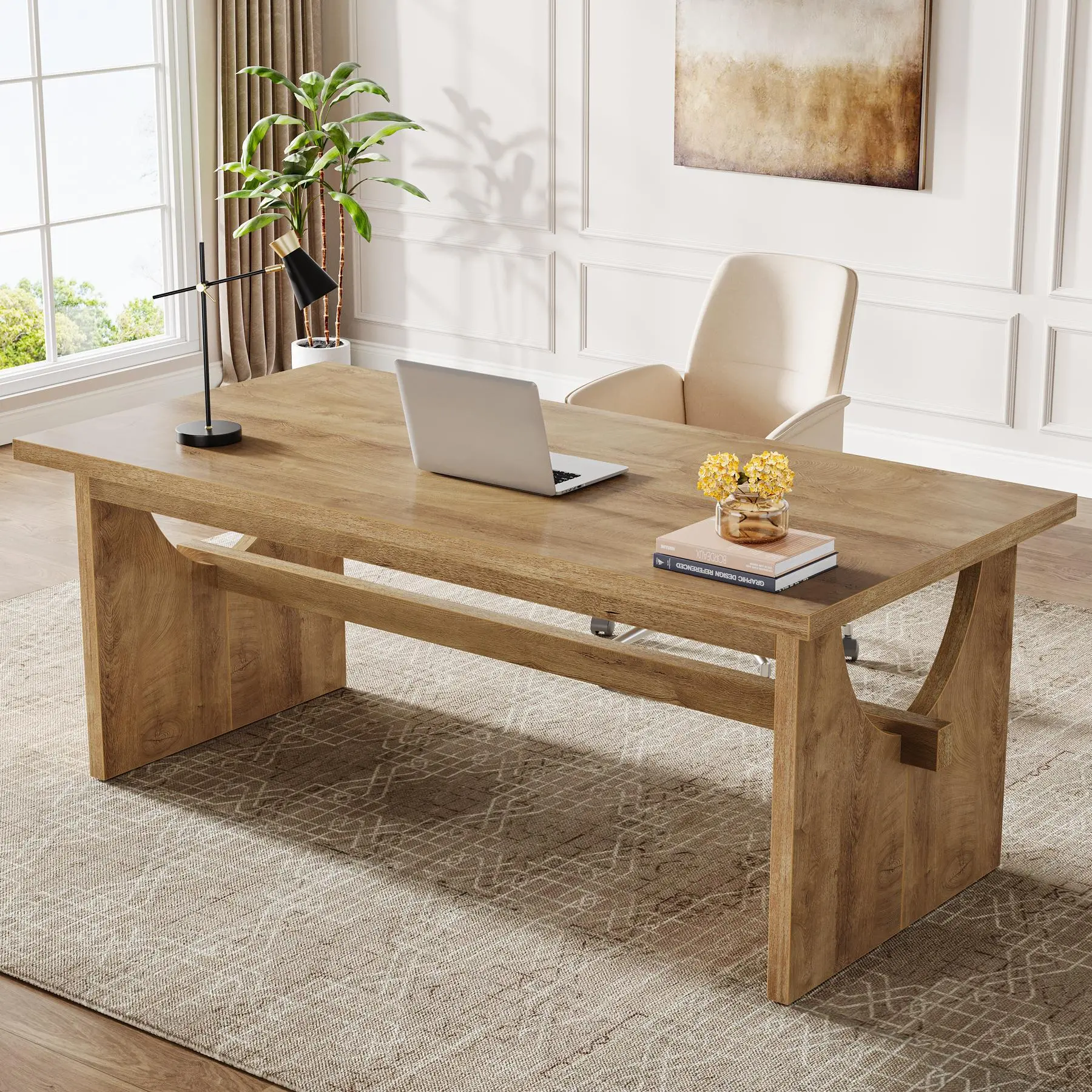 TRIBEWOOD 63 In Rustic MDF Wood Executive Office Desk - Vintage Industrial Home/Commercial Furniture, Scratch-Resistant Craft Work Desk, Sturdy-Legged, Ample Space for Dual Monitors, Writing, Studio Setup, Assembly Required, Rustic Farmhouse Decor