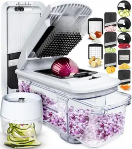 All-in-1 Vegetable Chopper and Mandoline Slicer for Kitchen - Cheese Grater, French Fry Cutter, Cheese Slicer - Bonus Handheld Spiralizer Included (6 in 1, Black/White)