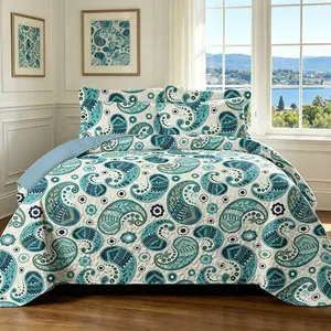 Blue Paisley Design Reversible Patchwork Quilt Bedding Set, Lightweight Boho Microfiber Queen Comforter Set with 2 Pillow Shams, All-Season Bedspread Coverlet for Bedroom Decor & Bedroom Gifts for Women