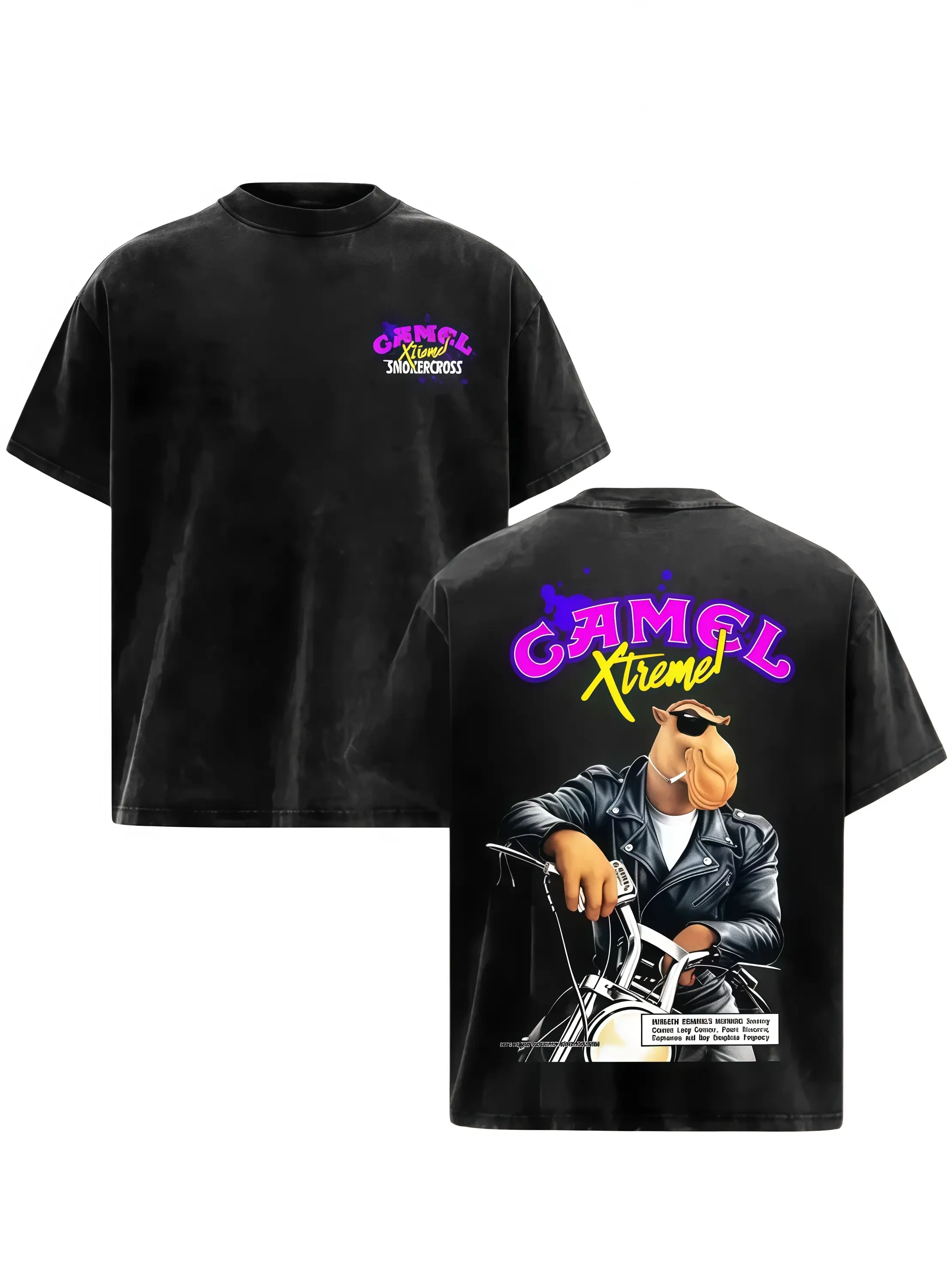 Men's Vintage Acid Wash Double-Side Print Oversized Premium Cotton Biker Tee - Unisex Short-Sleeve Crewneck, Camel Xtreme Motorcycle Graphic, Reinforced Seams, Ideal Gift for Motorbike Enthusiasts (Black) - Cold Machine Wash Menswear Casual Top, Relaxed C
