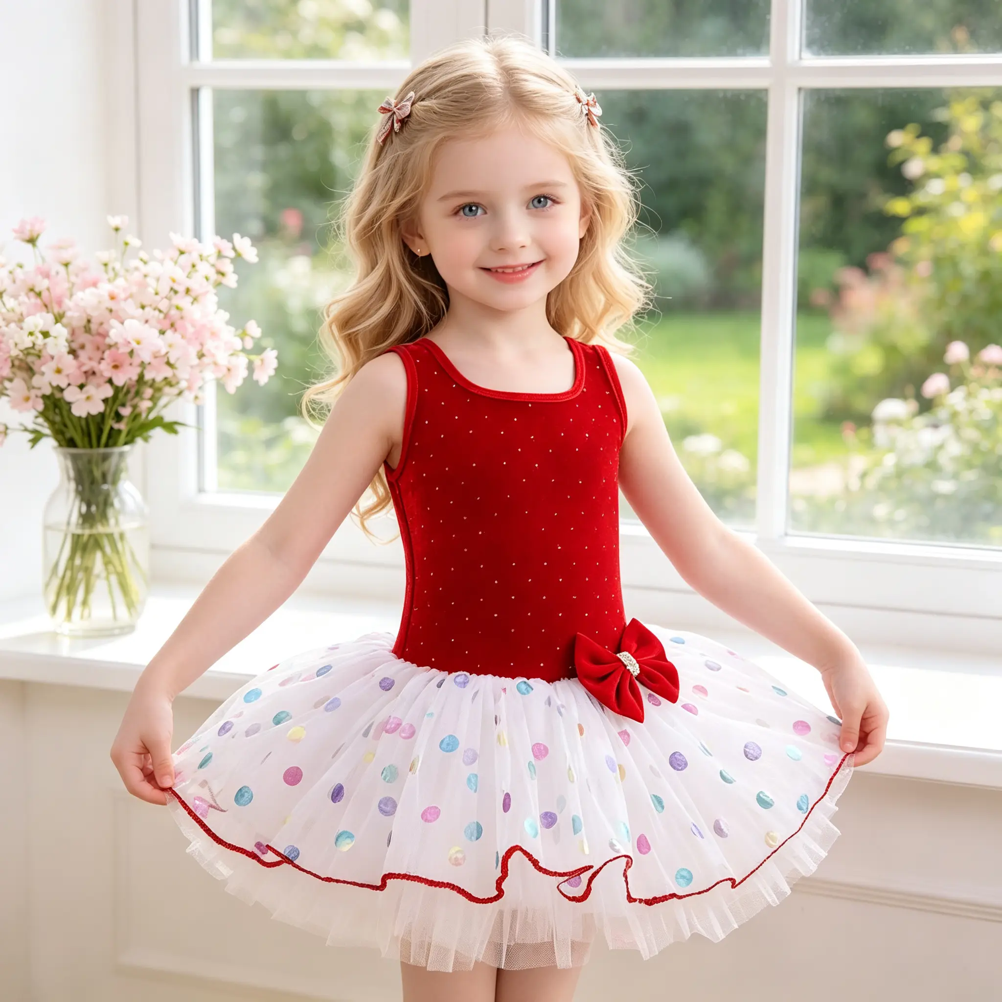 Girls' Sleeveless Polka Dot Dress - Leotard with Fluffy Tulle Skirt, Bow Decoration, Slight Stretch All-Season Ballerina Costume for Dance Recital, Birthday Party