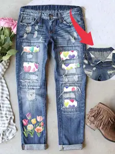 Women's Boyfriend Style Casual Jeans Valentine's Day Ripped Design Heart Print and Patchwork Loose Fit Elastic Waistband Breathable Denim Fabric