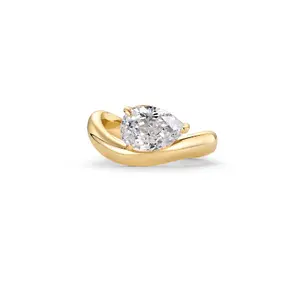 Gold Plated Pear Solitaire Premium Cubic Zirconia Engagement Ring for Women| Trendy Fake Wedding Ring| Wavy Band Promise Ring