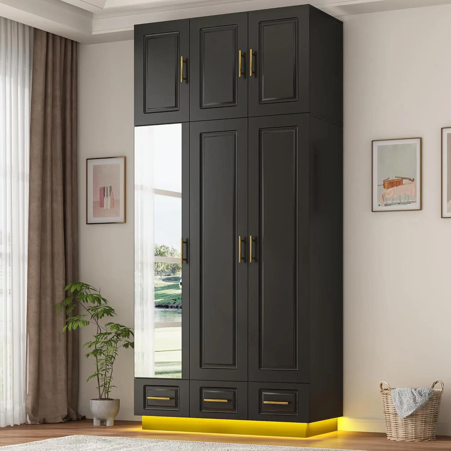 Large Armoire Wardrobe Closet Cabinet with Drawers and LED Lights, Multi-Tier Shelves, Hanging Rod, Large Capacity Storage 3 Door Wardrobe Armoire with Top Cabinet for Bedroom, Black、white