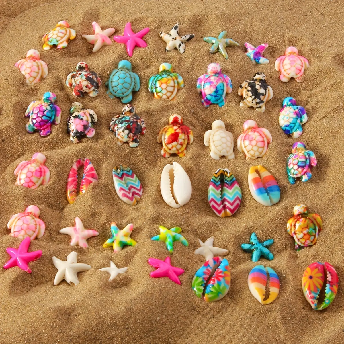 Handmade Style Jewelry Making Kit with Sea Turtle, Starfish & Shell Beads - 28-Piece Colorful DIY Set for Bracelet Beads Making with 3 Elastic Cords, Sea Turtles, 28 Pieces, Handmade Beads