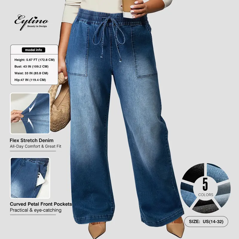 Eytino Plus Size Jeans,High Waisted Straight Leg Stretchy Drawstring Wide Leg Denim Pants for Curvy Women(Sizes 1X-5X)
