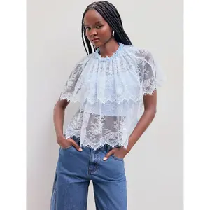 Cider [size 2-10] Lace Round Neckline Lettuce Trim See-through Blouse With Solid Crop Cami Top