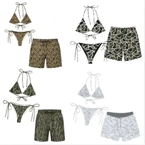 Bundle Camouflage Matching Couple Swimsuit Set, Women's Bikini Sets Two Piece Swimsuit, Camo Hunting Camo Matching Couple Bikini Sets + Men's MESH Shorts, Summer Beach Vacation Outfit for Men and Women, Gift for Him Her
