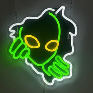 Green Alien LED Neon Sign, Eco-Friendly Flexible Acrylic Backboard, Futuristic Lighting for Game Room, Commercial Displays, Gift for Kids