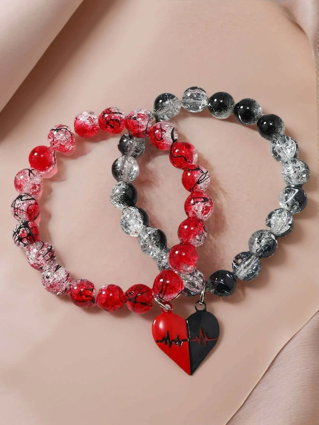 2pcs Couple Heart Beaded Bracelets, Bracelet Set, Gothic Punk Style, Matching Love Bracelets for Men & Women, Fashion Jewelry Accessories
