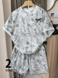 Women's Camo Bow Print Two-Piece Set, Y2K Sweet Girl Loose T-Shirt + Short Pants Home Set, Casual Fashion for Daily Wear, Crop Top, Camouflage, Womenswear, Clothes
