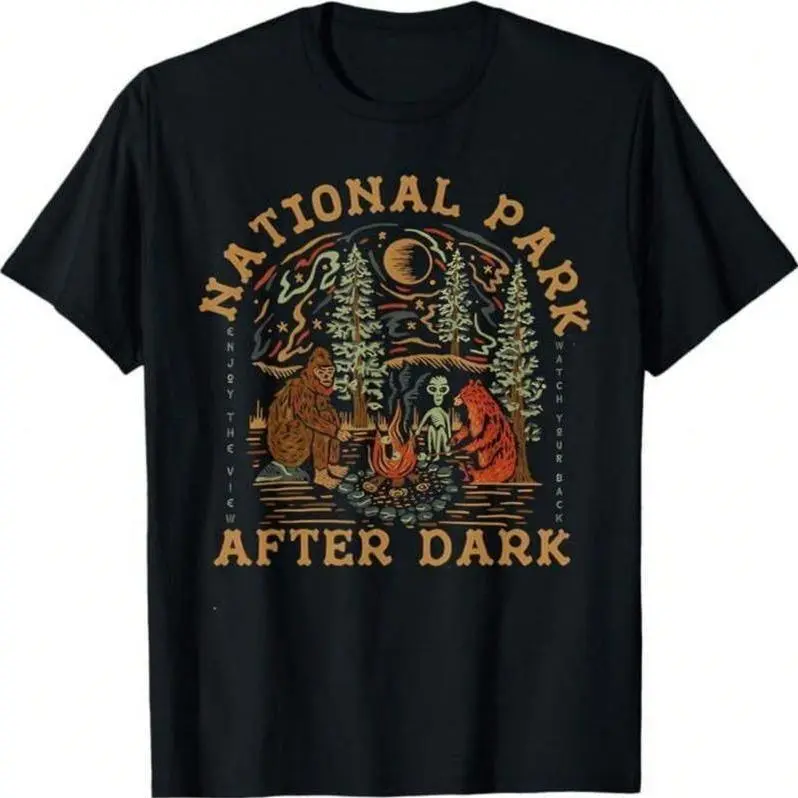 Vintage Night Forest Campfire Bigfoot Alien Bear Retro Letter Graphic Heavyweight Cotton Tshirt, Cryptid Nature Lover Cotton Top