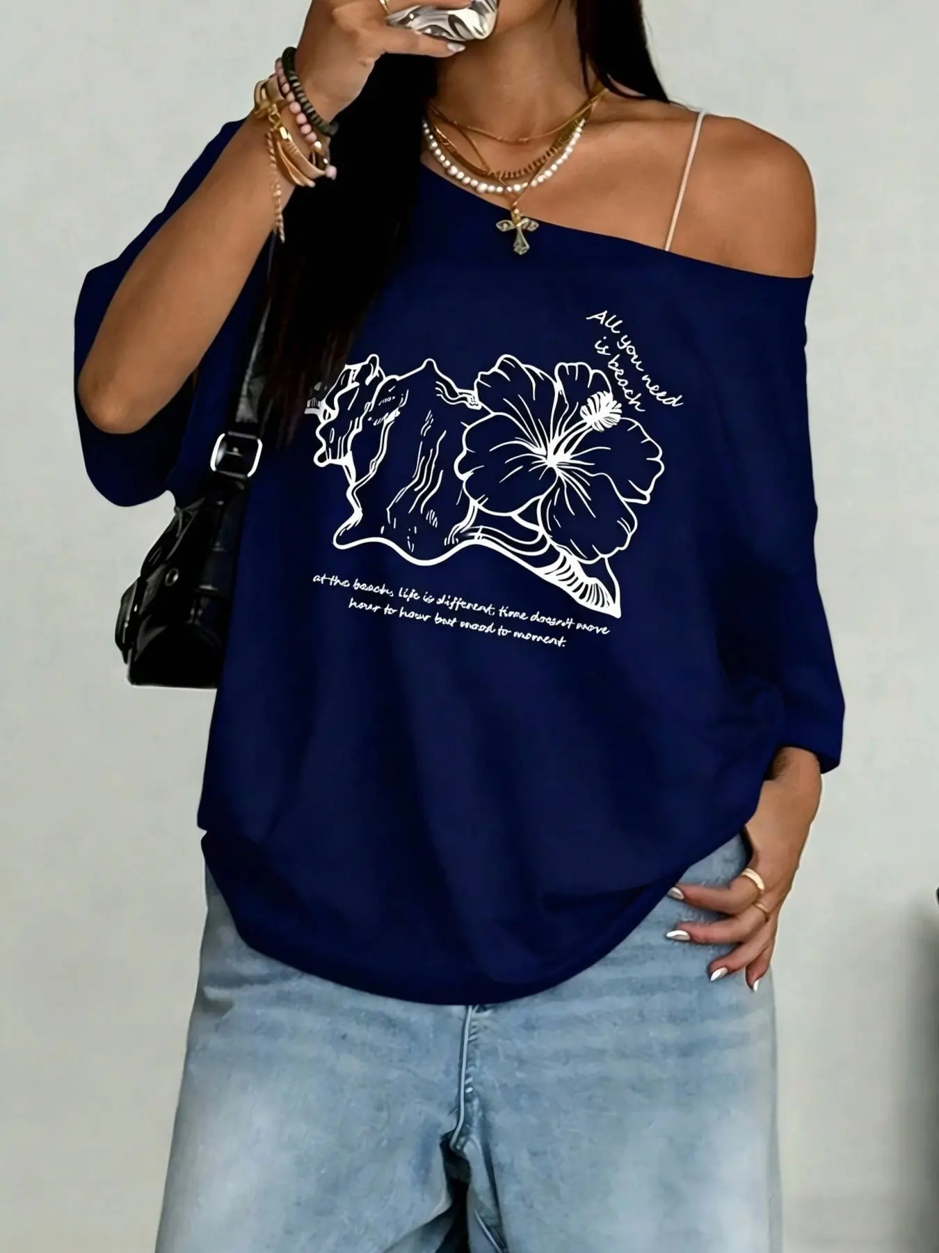 Women's Asymmetrical Shoulder T-Shirt, Loose Fit, Jasmine Print, Fashion Style, Aesthetic, Beach Vacation Style, Short Sleeve, Casual, Summer