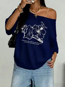 Women's Asymmetrical Shoulder T-Shirt, Loose Fit, Jasmine Print, Fashion Style, Aesthetic, Beach Vacation Style, Short Sleeve, Casual, Summer