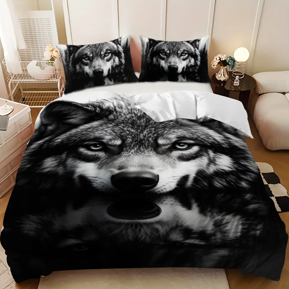 Bedding 3-piece set - 3PCS,Decorative Bedding Set,Black and white wolf head water reflection design down comforter set (1 comforter cover + 2 pillowcases, filling not included). soft and comfortable, suitable for family bedrooms. Bed Sets