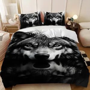 Bedding 3-piece set - 3PCS,Decorative Bedding Set,Black and white wolf head water reflection design down comforter set (1 comforter cover + 2 pillowcases, filling not included). soft and comfortable, suitable for family bedrooms. Bed Sets