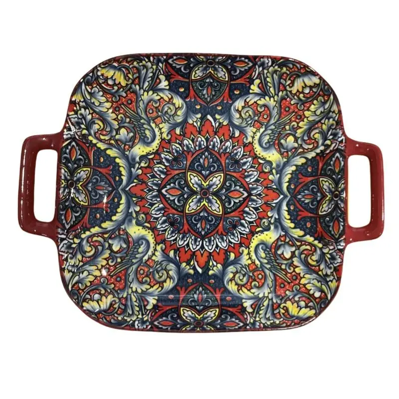 Boho Style Paisley Pattern Ceramic Plate, Vintage Style Square Plate with Handle, Decorative Plate for Home Kitchen Dining Room, Dinner Plates