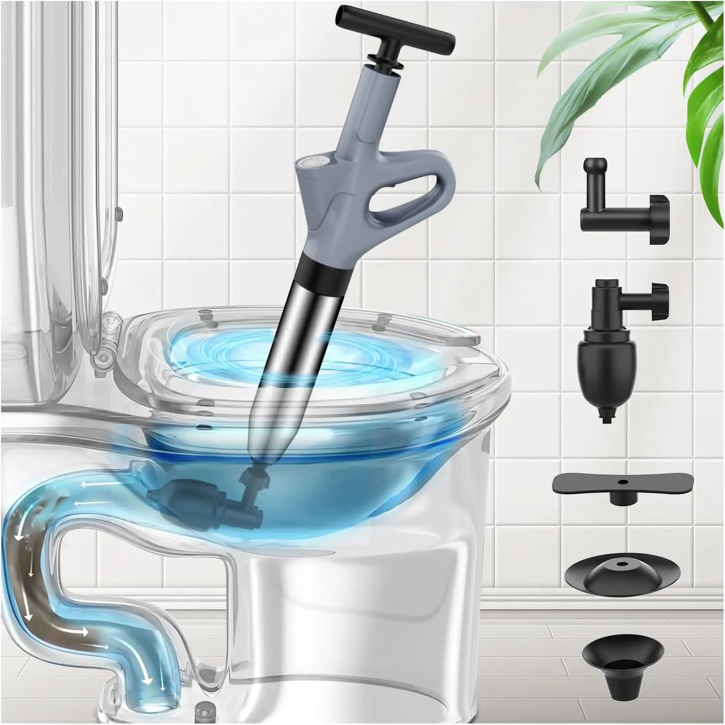 Toilet Plunger, High Pressure Toilet Plunger,Toilet Auger Air Drain Blaster with Real-Time, Heavy Duty Plunger for Bathroom and Plumbing Clogs (Grey)