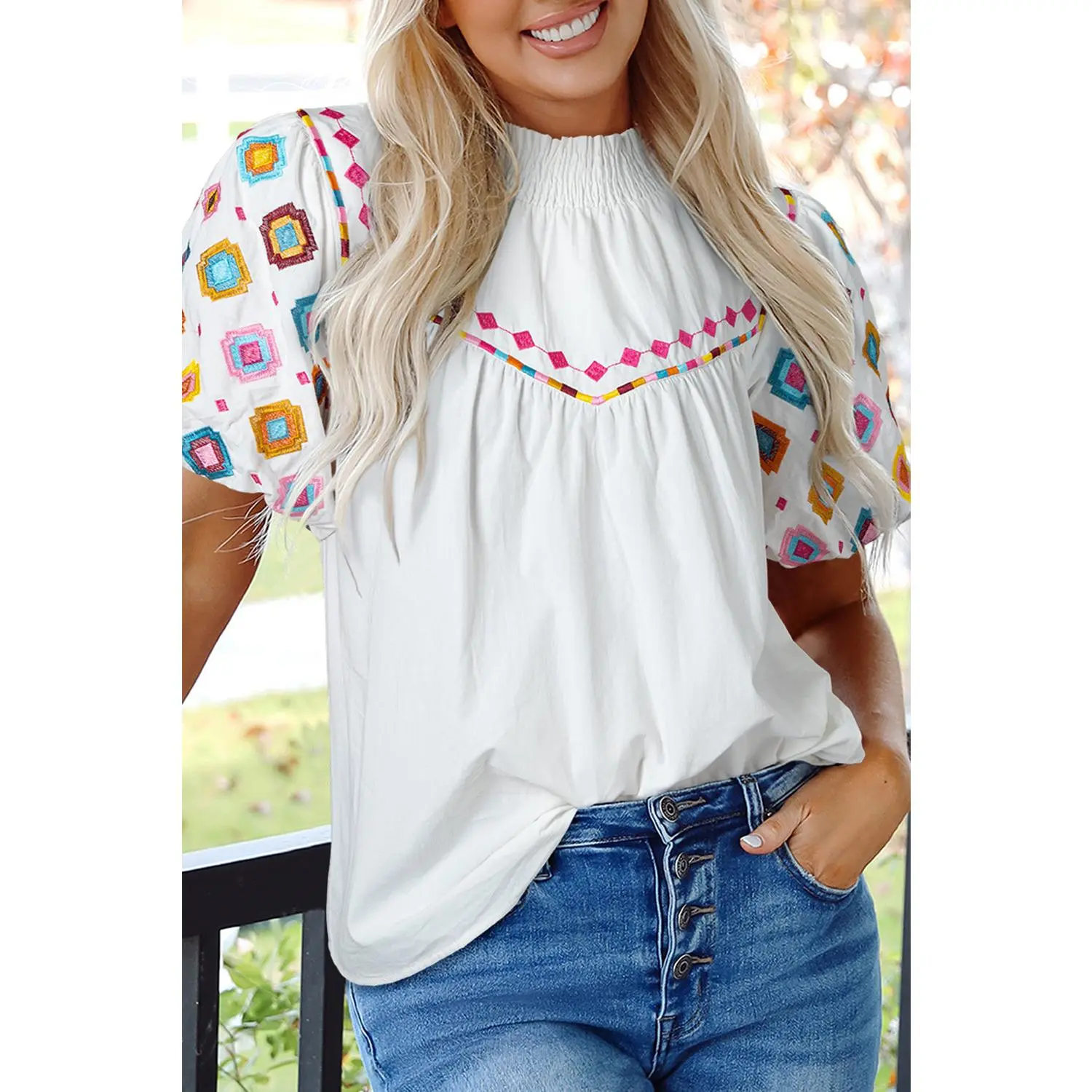 White Embroidered Smocked Neck Puff Sleeve Top