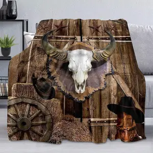 FRANALA Western Throw Blanket, Cow Skull Cowboy Hat Boots Wagon Wheel Texas Star Brown Barn Door Rustic Farmhouse Wild West Blanket, Cozy Soft Fuzzy Flannel Fleece Blanket for Couch, Sofa,