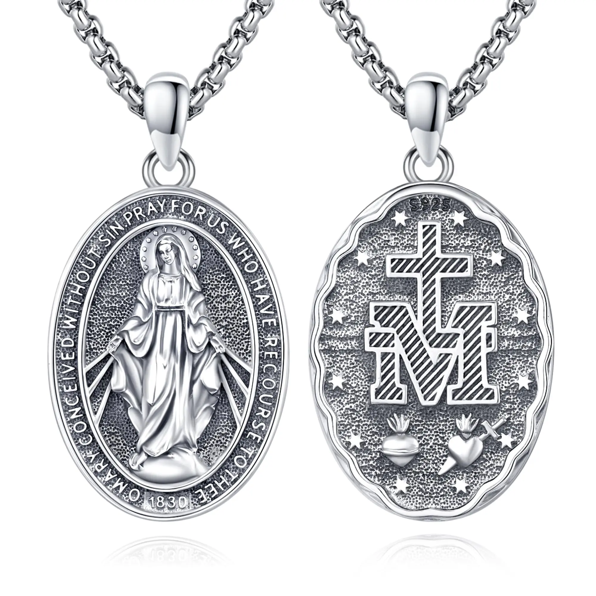 Audinceed Women's Miraculous Medal Necklace, 925 Sterling Silver Catholic Saint Faith Divine Pendant Amulet, Stainless Steel Chain, Adjustable Fit Daily Wear Religious Jewelry Gift