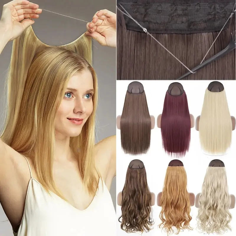 2026 New  Synthetic No Clip Invisible Wire Hair Extensions Straight Black Blonde One Piece False Hairpiece Hair Extension