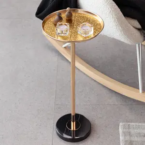 Gold Adjustable Natural Marble Pedestal End Table - Small Indoor Living Room Furniture with Display, Storage, and Tea Table Functionality