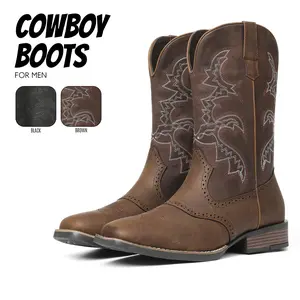 Cowboy Boots For Men Mid Calf Boot Square Toe Chunky Block Heel Pull On Embroidery Fashion Party Country Wedding Traditional Short Boots For Men
