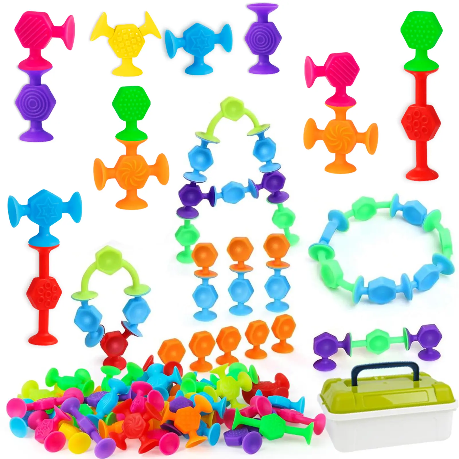 Suction Cup Toys for Babies 100 Pcs Sensory Silicone Building Blocks for Kids Age 3-6 with Storage Box No Hole Bathtub Sucker Toys Textured Fidget Window Travel Toys for Toddlers Gifts