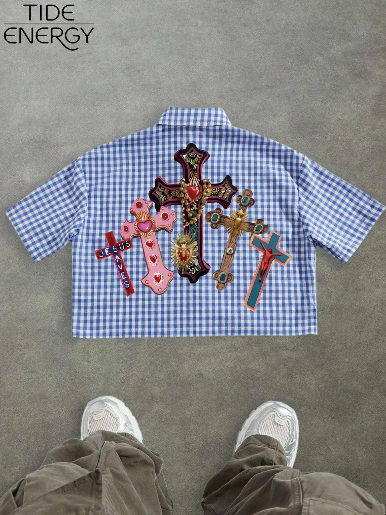 Men's Plaid Cross Patchwork Print Shirt Top, Y2K Vintage Short Sleeve Cardigan, Lightweight Breathable Casual Fashion Shirt for Daily Summer Wear, Menswear