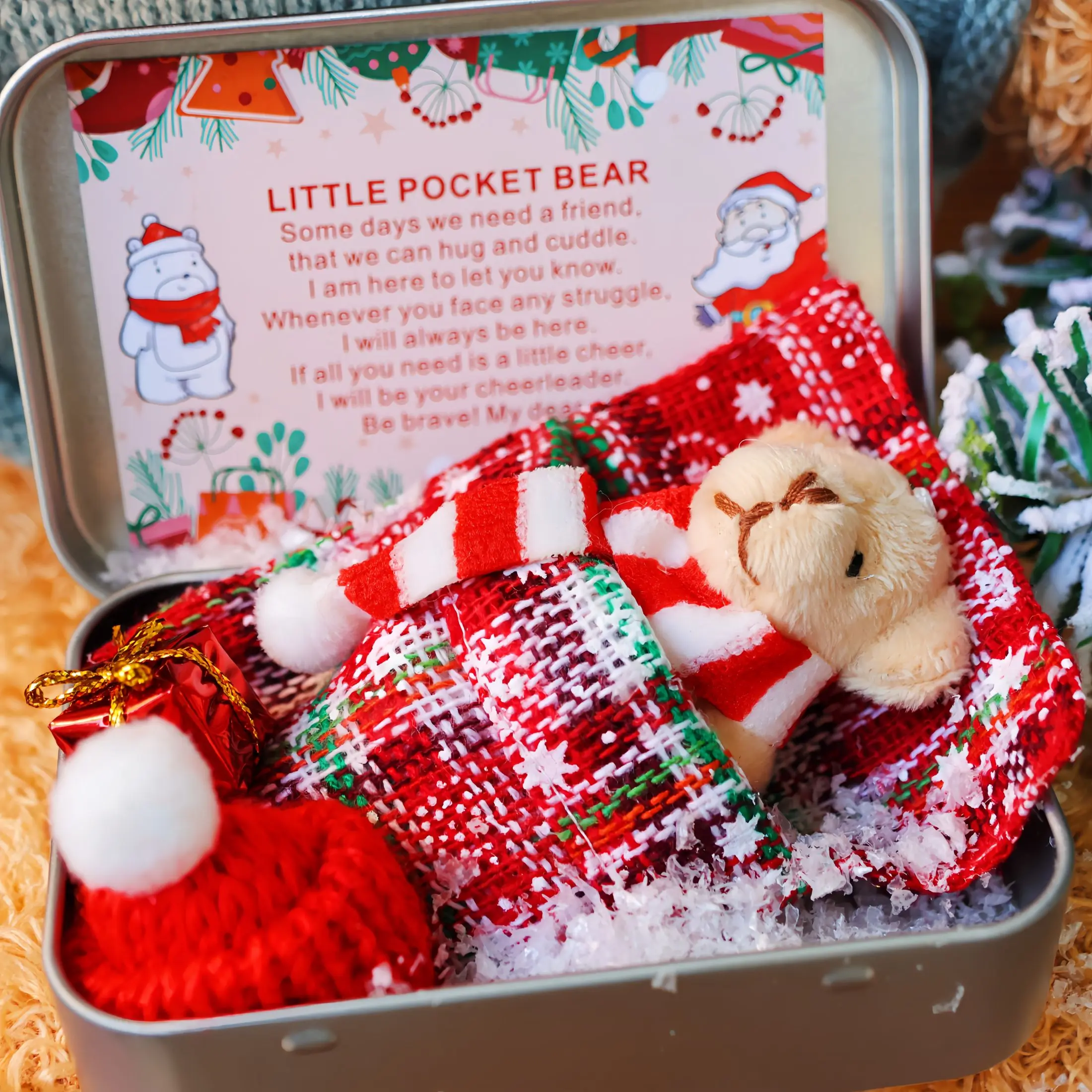 Christmas Pocket Bear Hug in a Box with Cheer Up Card, Mini Stuffed Teddy Bear with Stripe Scarves in Christmas Sleeping Quilt, Tiny Bears Christmas Eve Gifts, Christmas Decorations, Christmas Stocking Stuffers
