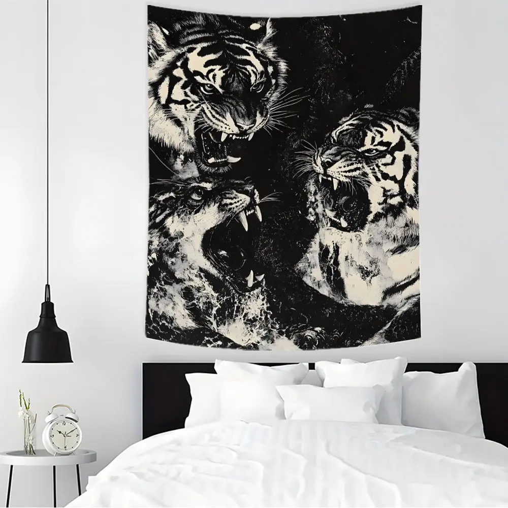 Black White Roaring Tiger Tapestry - Cool Dark Aesthetic Wall Hanging For Bedroom, Durable Decorative Tapestry, Wild Animal Print Wall Decor For Gaming Room Setup, Wall Tapestries, Bedroom Dorm Decor, Room Accessories