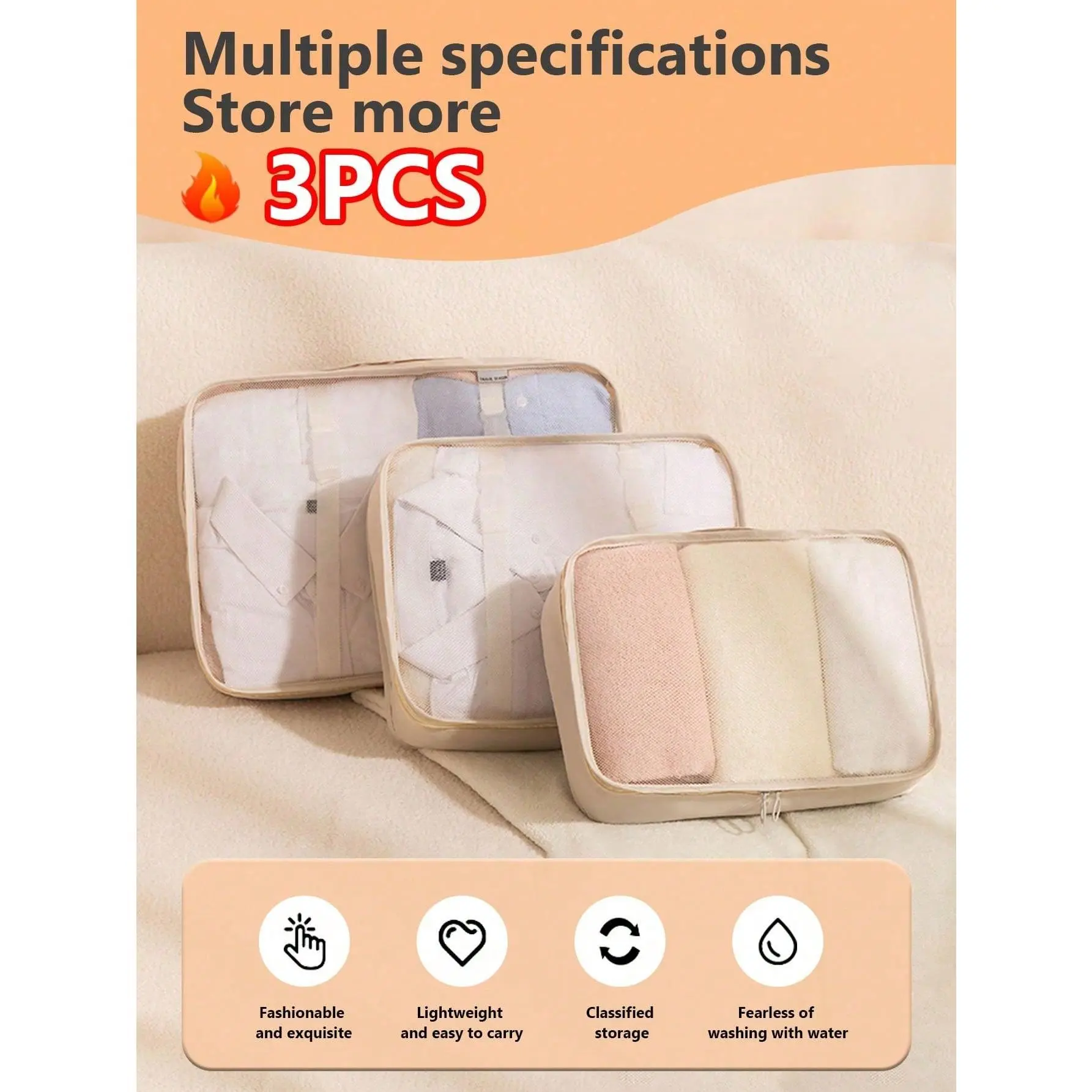 Packing Cubes Set 3pcs Foldable Luggage Organizers for Travel Clothes Storage for Men and Women, Oxford, Compartmentalized