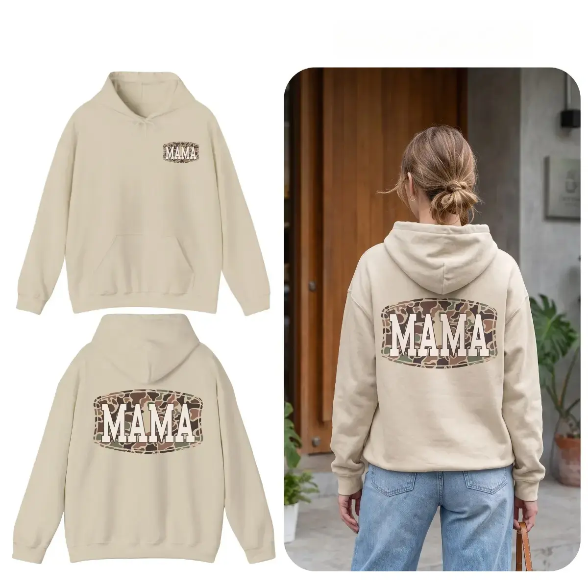 Women's Camo Mama 2-Sided Hoodie - Everyday Top, Lightweight Fabric, Trendy Print, Cool Streetwear Casual Apparel, Mother’s Day Gift for Moms