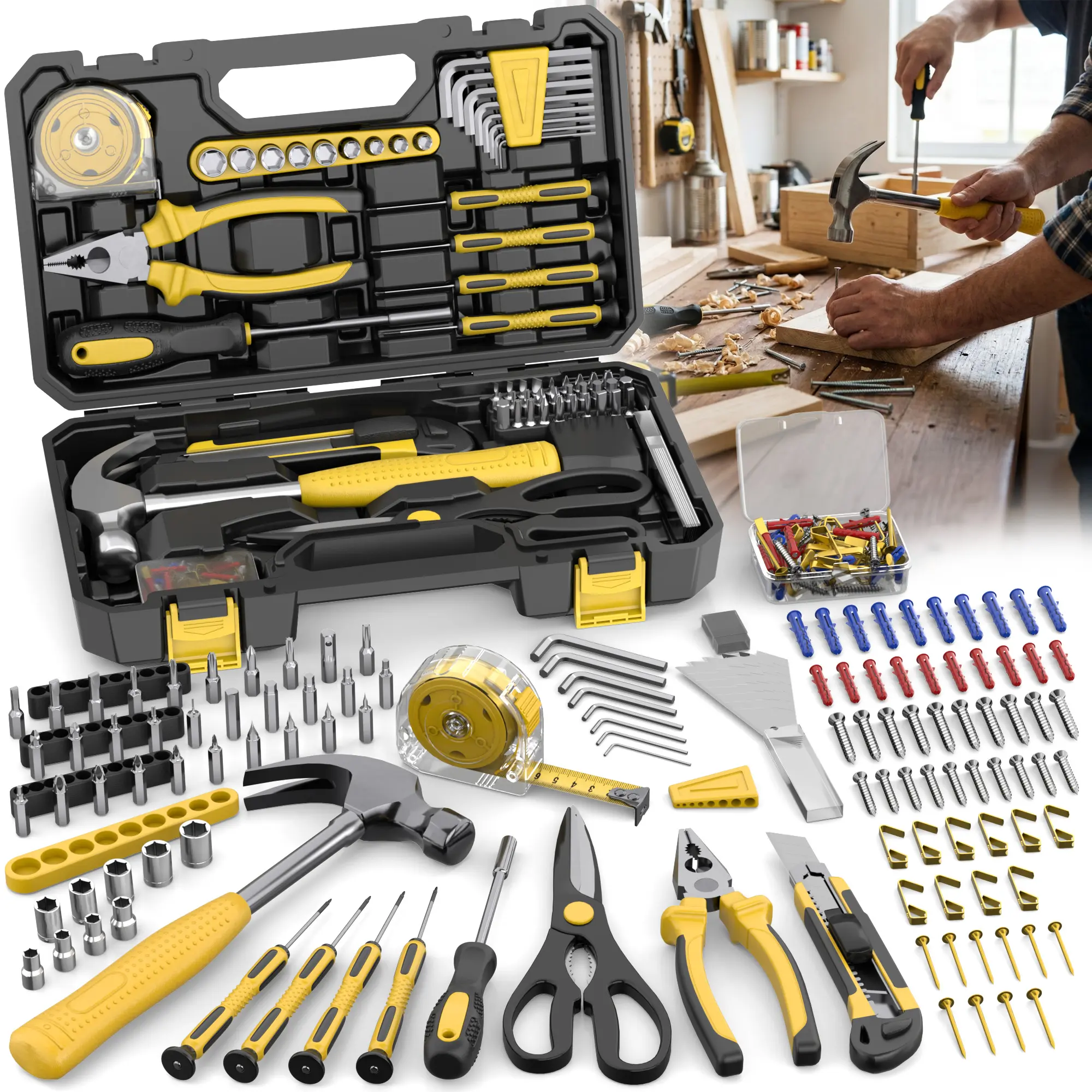 【DealsForYouDays】122PCS Tool Kit | Includes Screwdriver, Utility Knife, Scissors, Tape Measure, Hammer, Internal Hex Wrench, Pliers | Suitable for Home, Garage, Garden, Office, College Dormitory | Ideal for DIY