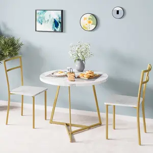 Round Dining Table Set for 2, Circle Kitchen Table and Chairs, Modern Dining Room Table Set with 2 Chairs, Marble Dinner Set for Small Space, Apartment