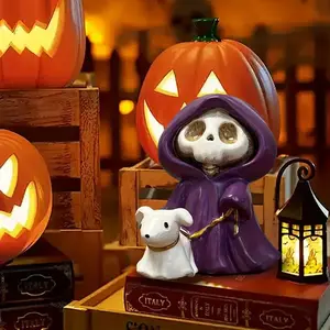 Cute Skull Death Reaper Walking Dog Statue, Resin Halloween Decoration, Gothic Style Home Desktop Ornament, Handmade Design, Cute Collectible Figurines