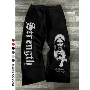 Men's Casual Loose-Fit Drawstring Pants, All-Season Wide-Leg Sweatpants with Nun Print, Comfortable Long Trousers for Everyday Wear