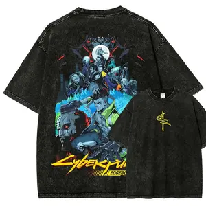 Men's Cyberpunk Edgerunner Washed Short-Sleeve T-Shirt-33, Unisex Fit, Round Neck, Distressed, Activewear, Athletic Casual Sportswear