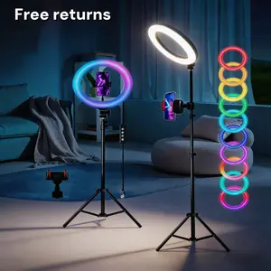 12-Inch RGB Ring Light with 1.6m Adjustable Phone Tripod Stand (63in), 18-Color LED Video Light, Cellphone Clip & Selfie Accessories for Content Creators, Home Studio, Live Performances (Music Sync & Follow Mode)