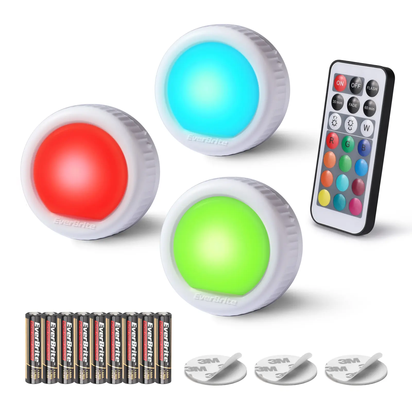 #fathersdaygift EverBrite Tap Light, Push Light, LED Puck Lights with 12 RGB Colors, Wireless Touch Light Under Cabinet, 80 Lumens Night Light for Closet, Bedroom, Wall, Classroom, 18 AAA Batteries Included