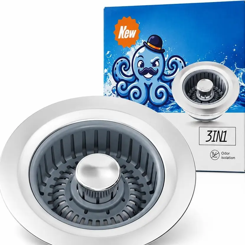 3-in-1 Kitchen Sink Drain Strainer & Stopper, Stainless Steel Pop-Up Basket with Food Catcher, Odor Seal, Fits Standard 3.5" Sink Drains, Easy to Clean, Silver