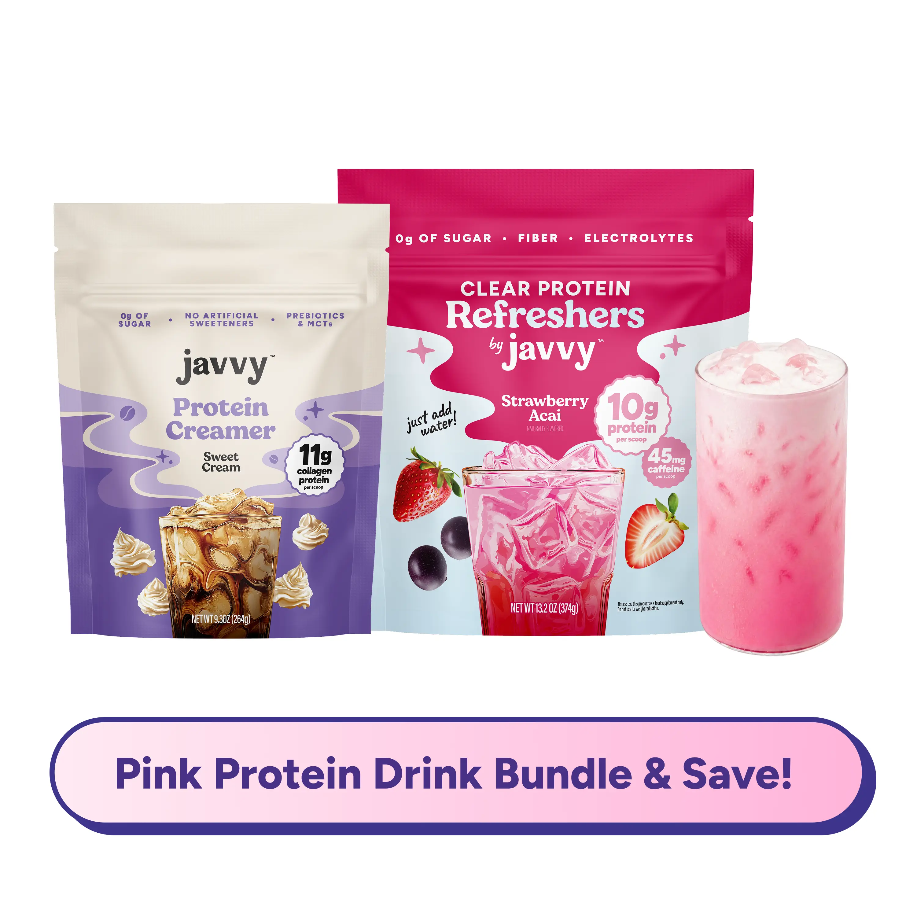 Javvy Pink Protein Drink Bundle with Collagen - Strawberry Acai Refresher & Sweet Cream Collagen Protein Creamer – Pink Strawberry Sweet Cream Refresher with Clear Whey, Electrolytes & Collagen – Keto Friendly, No Added Sugar