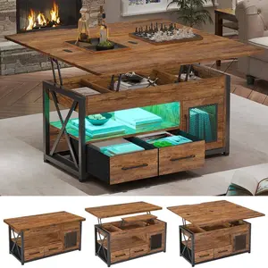 Sikaic 40" Lift Top Coffee Table, 4 in 1 Coffee Tables with Storage Cabinet for Living Room, Small Farmhouse Coffee Table with 2 Fabric Drawers & LED Light for Dining Room