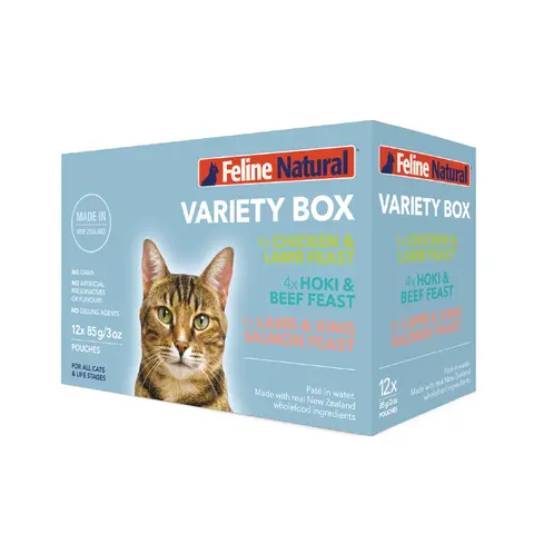 Feline Natural Grain-Free Hydrating Cat Food Pâté Pouches - 3oz Single Serve King Salmon, Beef, Chicken & Lamb Variety Box Pack, Sunflower Oil-Infused Wholefoods with Magnesium Oxide, Dried Kelp for Nutrition & Highly Palatable