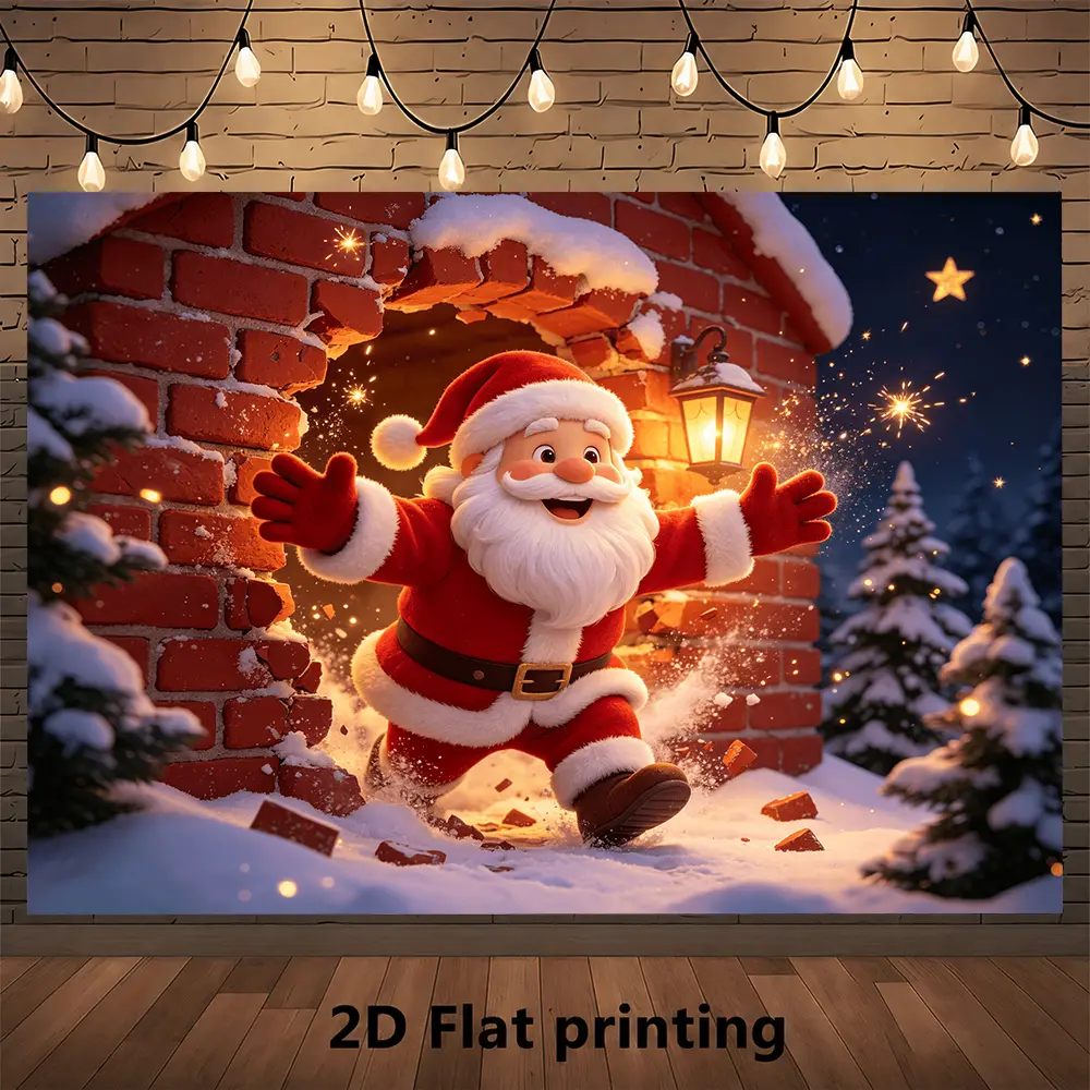 Santa Christmas Photography Backdrop, Snowy Brick Wall Winter Scene with Lantern Festive Lights and Holiday Decorations, Xmas Photo Background for Studio Shoots Photo Booth Party and Wall Display